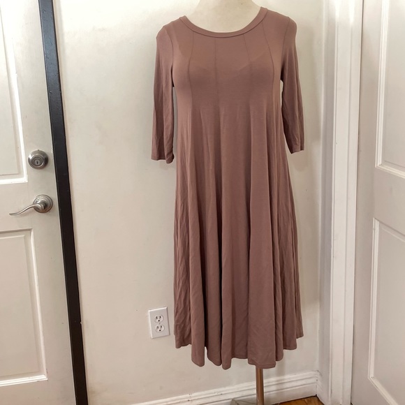 MOA Collection Plus Size 3/4 Sleeves A-Line Swing Trapeze Midi Dress Taupe Mocha - Picture 3 of 13